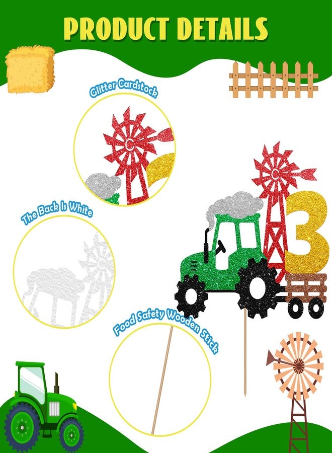 SUPERLUBY Tractor 3rd Birthday Cake Topper, Tractor Three Cake Topper for Boy, Farm Truck 3 Years Old Birthday Cake Decor, Farm Barnyard Themed 3rd Anniversary Party Decoration - Green Glitter - Image 3